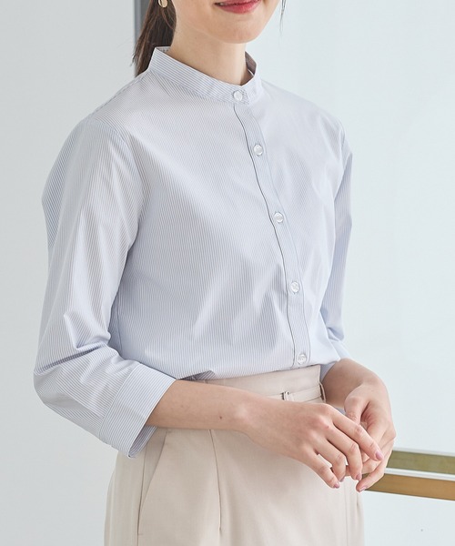 Honeys(ハニーズ)の「【らくらくアイロン】らくらく7分袖マオカラー(ビジネスシャツ・レディース・ピンク系その他/ホワイト×ブルー/ホワイト系その他/ホワイト/ホワイト系その他2/ネイビー/サックスブルー系・3L/S/M/LL/L)」の6枚目の写真