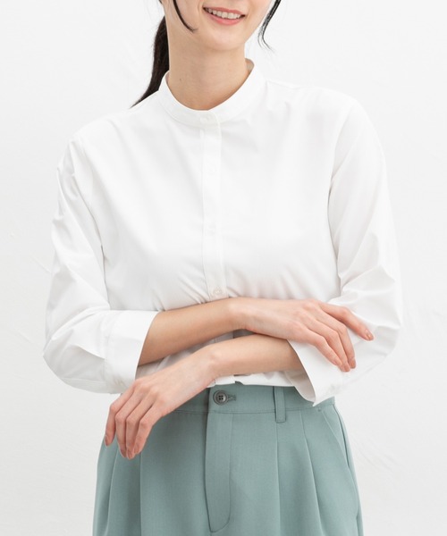 Honeys(ハニーズ)の「【らくらくアイロン】らくらく7分袖マオカラー(ビジネスシャツ・レディース・ピンク系その他/ホワイト×ブルー/ホワイト系その他/ホワイト/ホワイト系その他2/ネイビー/サックスブルー系・3L/S/M/LL/L)」の14枚目の写真