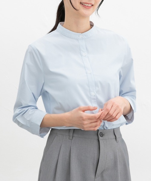 Honeys(ハニーズ)の「【らくらくアイロン】らくらく7分袖マオカラー(ビジネスシャツ・レディース・ピンク系その他/ホワイト×ブルー/ホワイト系その他/ホワイト/ホワイト系その他2/ネイビー/サックスブルー系・3L/S/M/LL/L)」の16枚目の写真