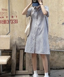 【URGE：】ストライプ 半袖 シャツ ワンピース