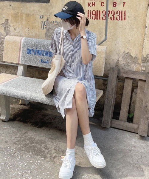 urge:(アージコロン )の「【URGE:】ストライプ 半袖 シャツ ワンピース(シャツワンピース・レディース・ブラック/ブルー・SMALL/MEDIUM/LARGE/X-LARGE)」の6枚目の写真