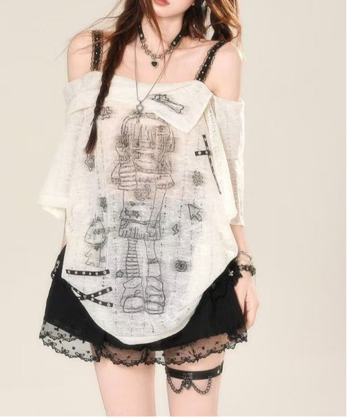 AsheKsha(アシクシャ)の「【新作】レースオフショルダー×カラーブロック キャミトップス(Tシャツ/カットソー・レディース・ライトベージュ/ブラック・F)」の2枚目の写真