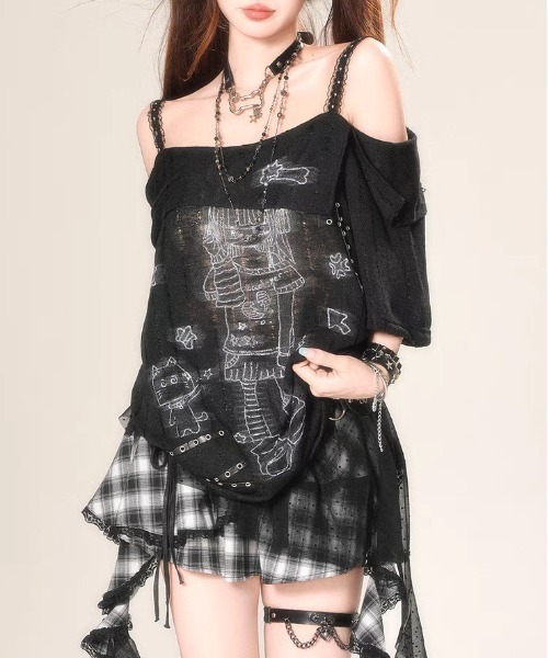 *paris*レース 2WAY オフショルダー トップス（ブラック） paris*レース 2WAY オフショルダー トップス（ブラック） (T