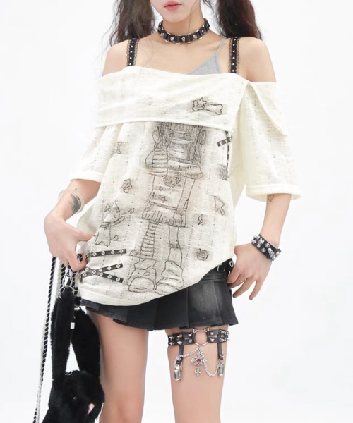 AsheKsha(アシクシャ)の「【新作】レースオフショルダー×カラーブロック キャミトップス(Tシャツ/カットソー・レディース・ライトベージュ/ブラック・F)」の9枚目の写真