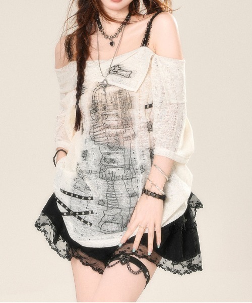 AsheKsha(アシクシャ)の「【新作】レースオフショルダー×カラーブロック キャミトップス(Tシャツ/カットソー・レディース・ライトベージュ/ブラック・F)」の8枚目の写真