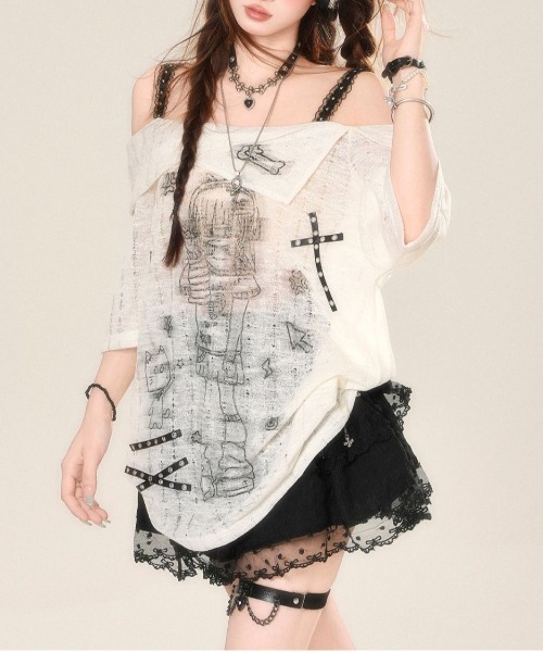 AsheKsha(アシクシャ)の「【新作】レースオフショルダー×カラーブロック キャミトップス(Tシャツ/カットソー・レディース・ライトベージュ/ブラック・F)」の4枚目の写真