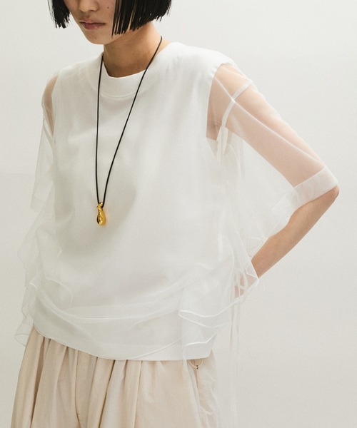 ADAM ET ROPE'（アダムエロペ）の「【サステナブル】・【定番人気】ギャザーチュールトップス（Tシャツ/カットソー・レディース・ホワイト/ブラック/ブラウン・FREE）」の19枚目の写真