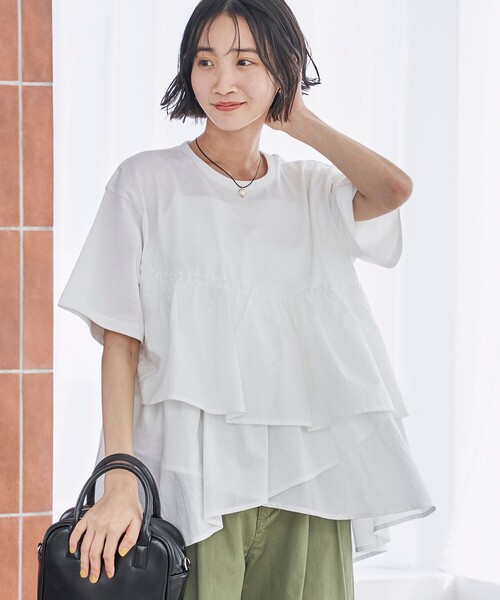 coen(コーエン)の「ピグメントフリルドッキングT(Tシャツ/カットソー・レディース・オレンジ/ダークグレー/ナチュラル/オフホワイト・M/L)」の2枚目の写真