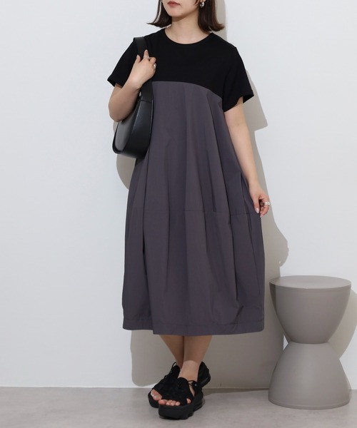 EGLANTINE(エグランティーヌ)の「EGLANTINE コクーンシルエット 配色切り替え半袖ワンピース(ワンピース・レディース・カーキ/ブラック・40)」の2枚目の写真