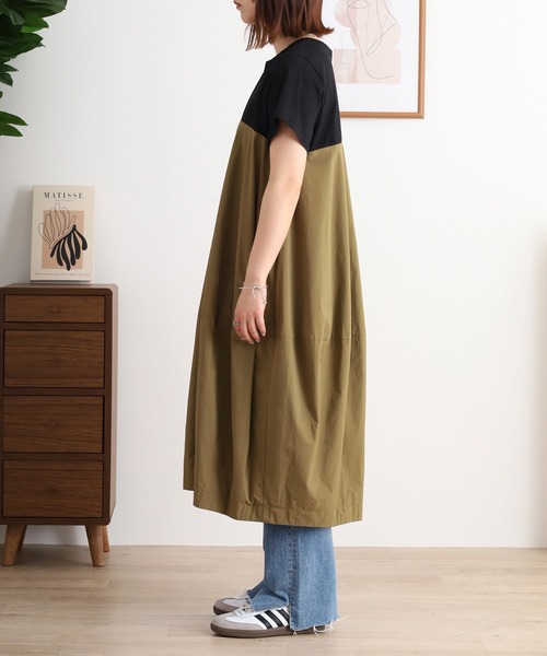 EGLANTINE(エグランティーヌ)の「EGLANTINE コクーンシルエット 配色切り替え半袖ワンピース(ワンピース・レディース・カーキ/ブラック・40)」の10枚目の写真