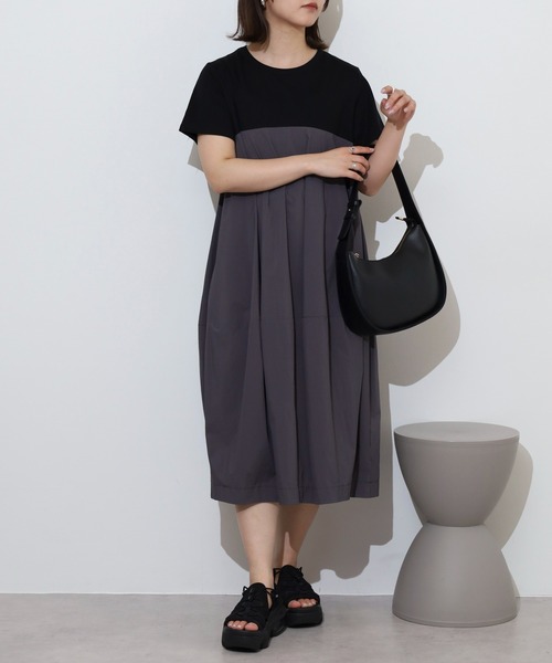 EGLANTINE コクーンシルエット 配色切り替え半袖ワンピース