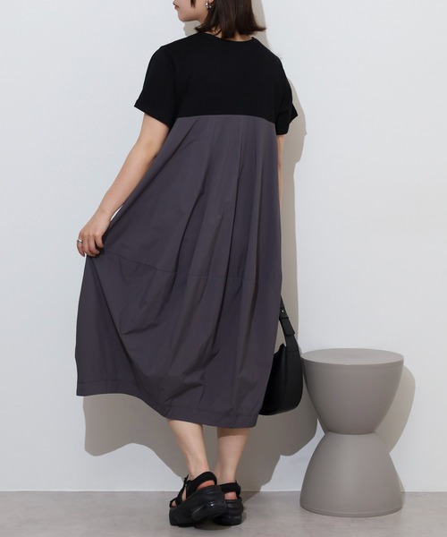 EGLANTINE(エグランティーヌ)の「EGLANTINE コクーンシルエット 配色切り替え半袖ワンピース(ワンピース・レディース・カーキ/ブラック・40)」の5枚目の写真