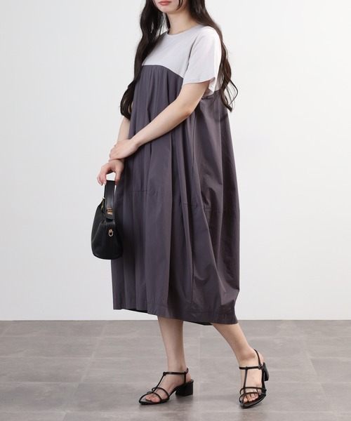 EGLANTINE(エグランティーヌ)の「EGLANTINE コクーンシルエット 配色切り替え半袖ワンピース(ワンピース・レディース・カーキ/ブラック・40)」の15枚目の写真