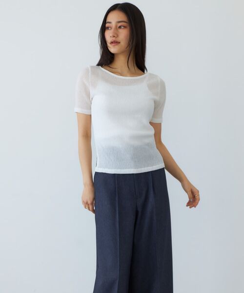 STRATA(エストラータ)の「シアーリンクルハーフスリーブプルオーバー 【低身長・小柄女性】(Tシャツ/カットソー・レディース・ホワイト/グリーン/ブラウン・ONE SIZE)」の1枚目の写真