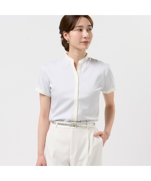 Theory 19ss 半袖ブラウス ライトグレー COFREX 配色スキッパーブラウス 半袖 レディースデザインシャツ