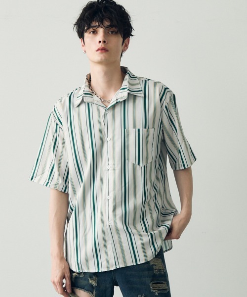 Shoowtime(ショウタイム)の「Striped pattern short sleeve shirt / ストライプパターンショートスリーブシャツ(シャツ/ブラウス・メンズ・ブラウン/グリーン/イエロー/パープル系・MEDIUM/LARGE/X-LARGE)」の3枚目の写真