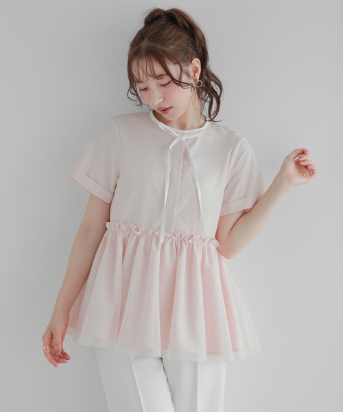 Fitmore バイカラーパイピングネックチュールペプラムトップス ペプラム セール】バイカラーパイピングネックチュールペプラムトップス