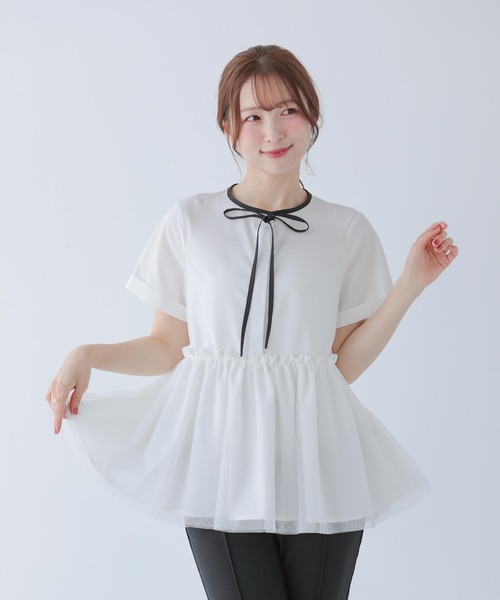 Fitmore バイカラーパイピングネックチュールペプラムトップス ペプラム セール】バイカラーパイピングネックチュールペプラムトップス