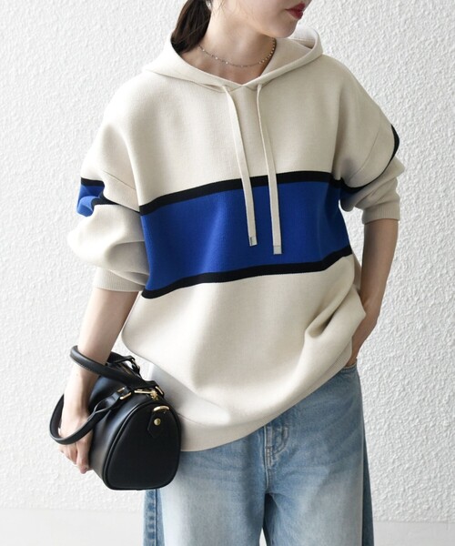 セール】SHIPS any:〈手洗い可能〉パネル ボーダー フーディー ニット