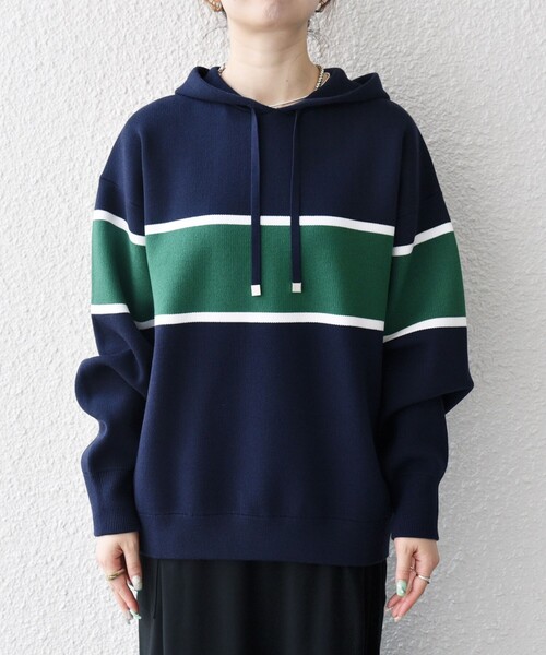 シップス エニィ（SHIPS any）/SHIPS any:〈手洗い可能〉パネル ボーダー フーディー ニット プルオーバー セール】SHIPS any:〈手洗い可能〉パネル ボーダー フーディー ニット