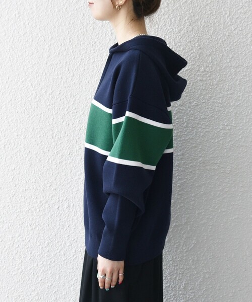 セール】SHIPS any:〈手洗い可能〉パネル ボーダー フーディー ニット