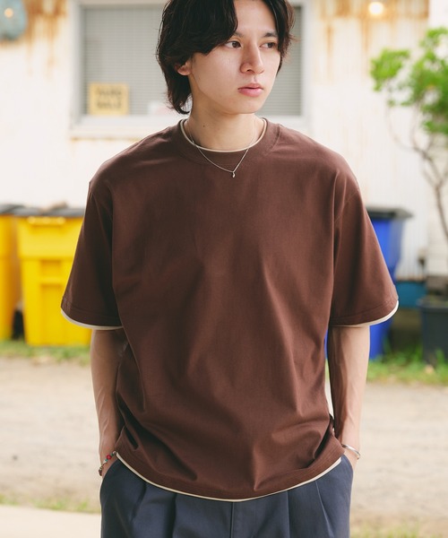 Adoon plain(アドーンプレーン)の「LAYERED-LOOK COLOR-BLOCK T-SHIRT / レイヤード風配色ショートスリーブTシャツ(Tシャツ/カットソー・メンズ・チャコールグレー/ネイビー/ブラウン・MEDIUM/LARGE)」の3枚目の写真
