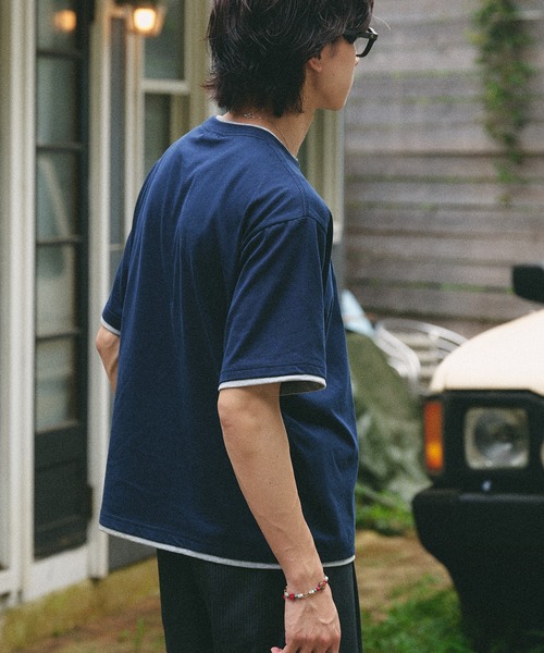 Adoon plain(アドーンプレーン)の「LAYERED-LOOK COLOR-BLOCK T-SHIRT / レイヤード風配色ショートスリーブTシャツ(Tシャツ/カットソー・メンズ・チャコールグレー/ネイビー/ブラウン・MEDIUM/LARGE)」の21枚目の写真