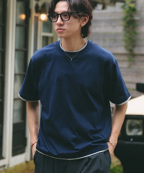 Adoon plain(アドーンプレーン)の「LAYERED-LOOK COLOR-BLOCK T-SHIRT / レイヤード風配色ショートスリーブTシャツ(Tシャツ/カットソー・メンズ・チャコールグレー/ネイビー/ブラウン・MEDIUM/LARGE)」の20枚目の写真