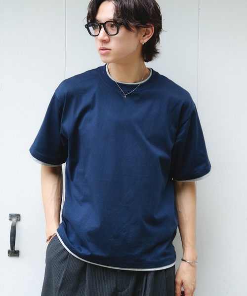 Adoon plain(アドーンプレーン)の「LAYERED-LOOK COLOR-BLOCK T-SHIRT / レイヤード風配色ショートスリーブTシャツ(Tシャツ/カットソー・メンズ・チャコールグレー/ネイビー/ブラウン・MEDIUM/LARGE)」の18枚目の写真