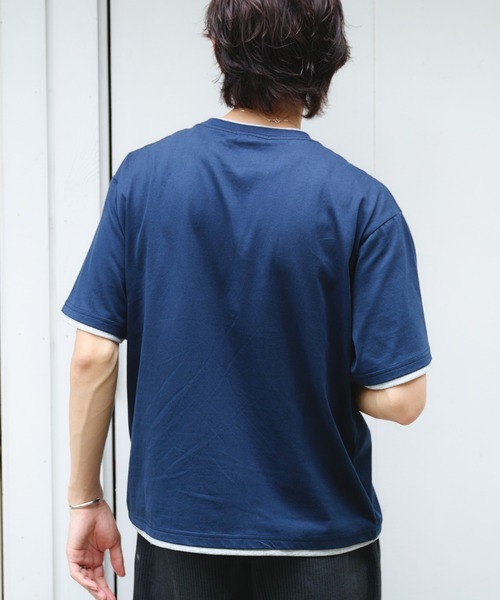 Adoon plain(アドーンプレーン)の「LAYERED-LOOK COLOR-BLOCK T-SHIRT / レイヤード風配色ショートスリーブTシャツ(Tシャツ/カットソー・メンズ・チャコールグレー/ネイビー/ブラウン・MEDIUM/LARGE)」の17枚目の写真