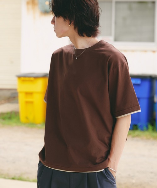 Adoon plain(アドーンプレーン)の「LAYERED-LOOK COLOR-BLOCK T-SHIRT / レイヤード風配色ショートスリーブTシャツ(Tシャツ/カットソー・メンズ・チャコールグレー/ネイビー/ブラウン・MEDIUM/LARGE)」の7枚目の写真