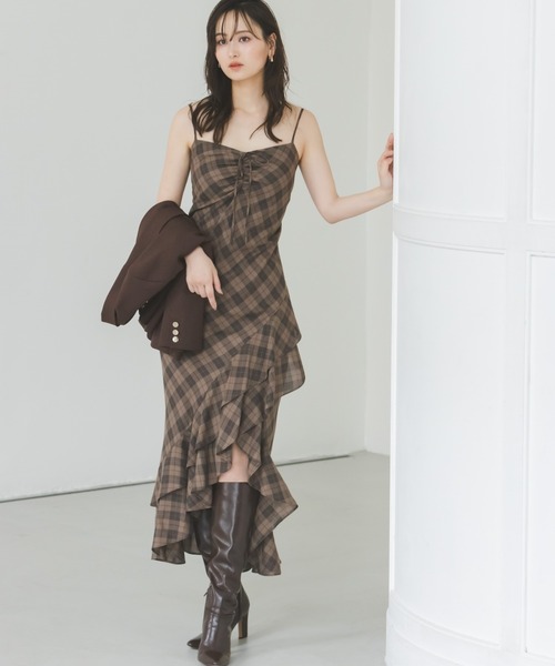 新品✨SNIDEL スナイデル　フリルチェックキャミソールワンピース フリルチェックキャミソールワンピース(マキシ・ロング