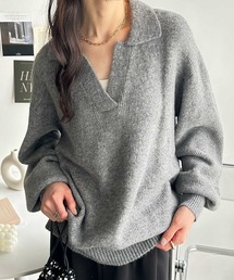 スキッパーポロ襟ニットプルオーバー