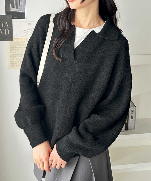 GeeRA(ジーラ)の「スキッパーポロ襟ニットプルオーバー(ニット/セーター・レディース・ベージュ/杢グレー/ブラック・MEDIUM/LARGE/X-LARGE)」の5枚目の写真