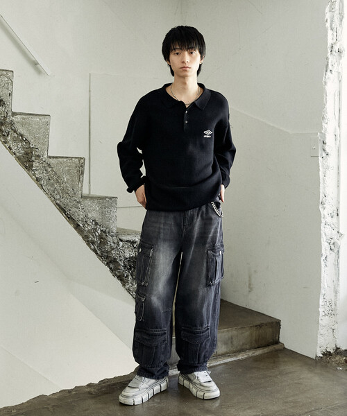 80-90s スコットランド製 Bullock & Jones ニットポロ 黒 セール】KNIT POLO SWEATER/ニットポロセーター/UMBRO別注(限定展開