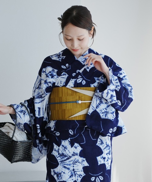 未使用 黒地に紫の桔梗と露芝 浴衣3点セット