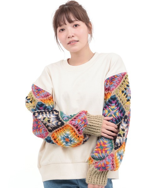 チチカカ（チチカカ）の「Rico スウェットｘハンドクロシェプルオーバー（スウェット・レディース・アイボリー/ブラック・FREE）」の7枚目の写真