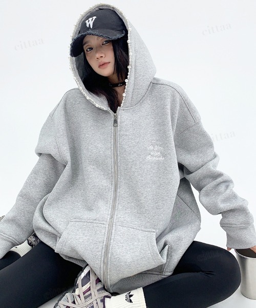 グレー ジッパー付きフード パーカー 韓国ファッション ビジューラインフードジップアップスウェット