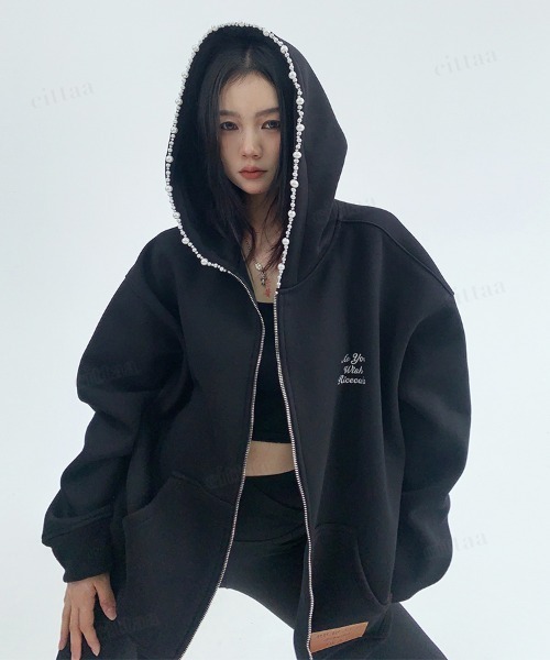 韓国ファッション ビジューラインフードジップアップスウェット