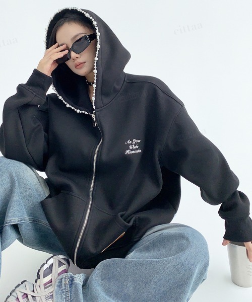 韓国ファッション ビジューラインフードジップアップスウェット