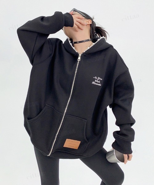 韓国ファッション ビジューラインフードジップアップスウェット