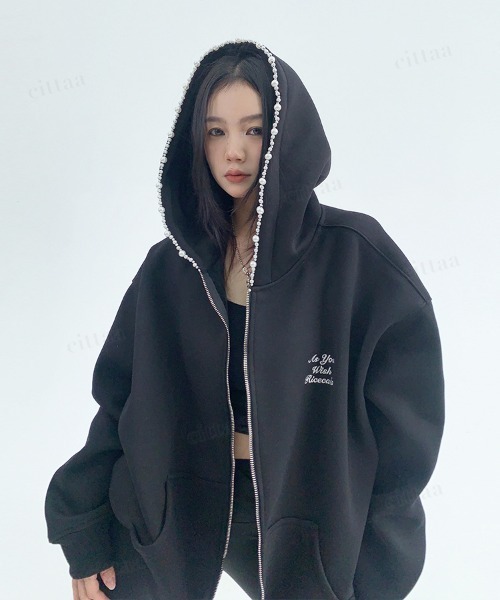 韓国ファッション ビジューラインフードジップアップスウェット