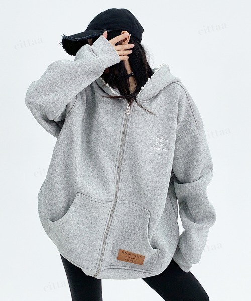 韓国ファッション ビジューラインフードジップアップスウェット