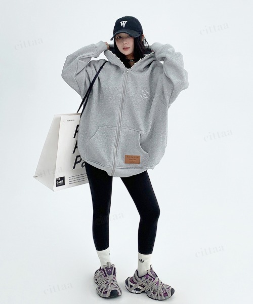 韓国ファッション ビジューラインフードジップアップスウェット