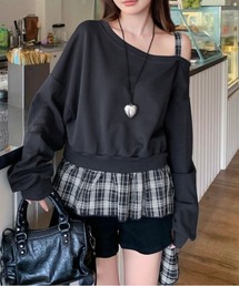 LADY LIKE（レディライク）の「【秋冬新作】チェックレイヤードワンショルダートップス（Tシャツ/カットソー）」