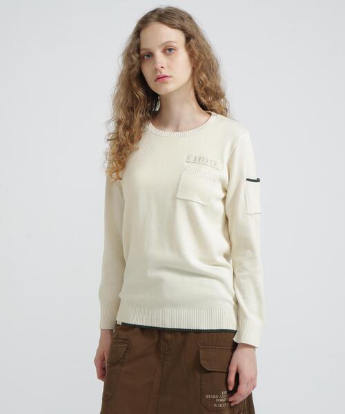AVIREX(アヴィレックス)の「FATIGUE KNIT TOPS/ファティーグニットトップス(ニット/セーター・レディース・レッド/ブラック/ホワイト系2・L/M/S)」の2枚目の写真