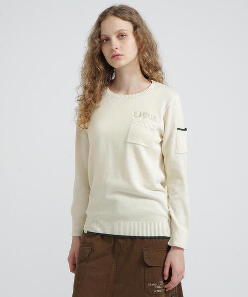 AVIREX(アヴィレックス)の「FATIGUE KNIT TOPS/ファティーグニットトップス(ニット/セーター・レディース・レッド/ブラック/ホワイト系2・L/M/S)」の2枚目の写真