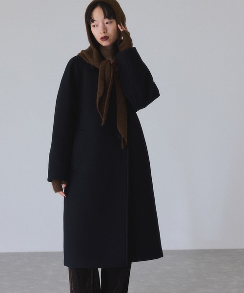アダムエロペ　黒　ノーカラーロングコート ウールボンディングラグランロングコート（ステンカラーコート