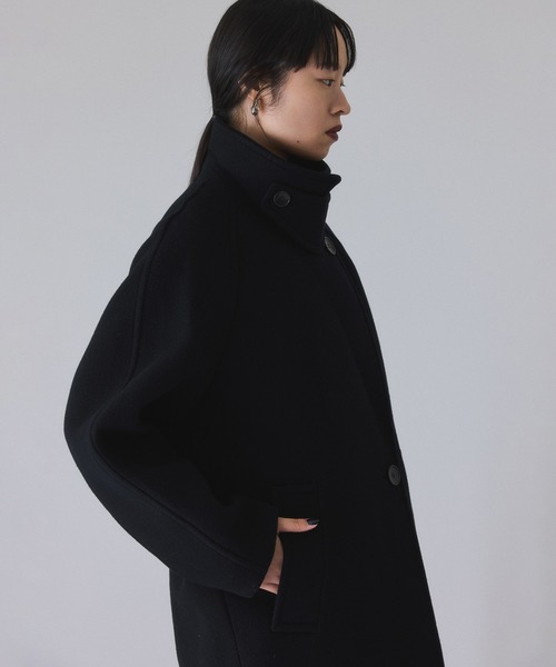 アダムエロペ　ウールボンディングラグランロングコート　新品　ブラック ウールボンディングラグランロングコート（ステンカラーコート）｜ADAM