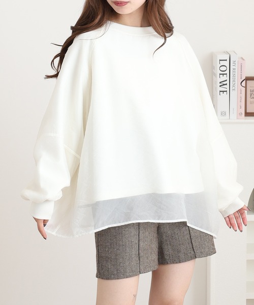 OMNES(オムネス)の「オーガンジーレイヤードダンボールニットボリューム袖プルオーバー(Tシャツ/カットソー・レディース・オフホワイト/ブルー・FREE)」の6枚目の写真